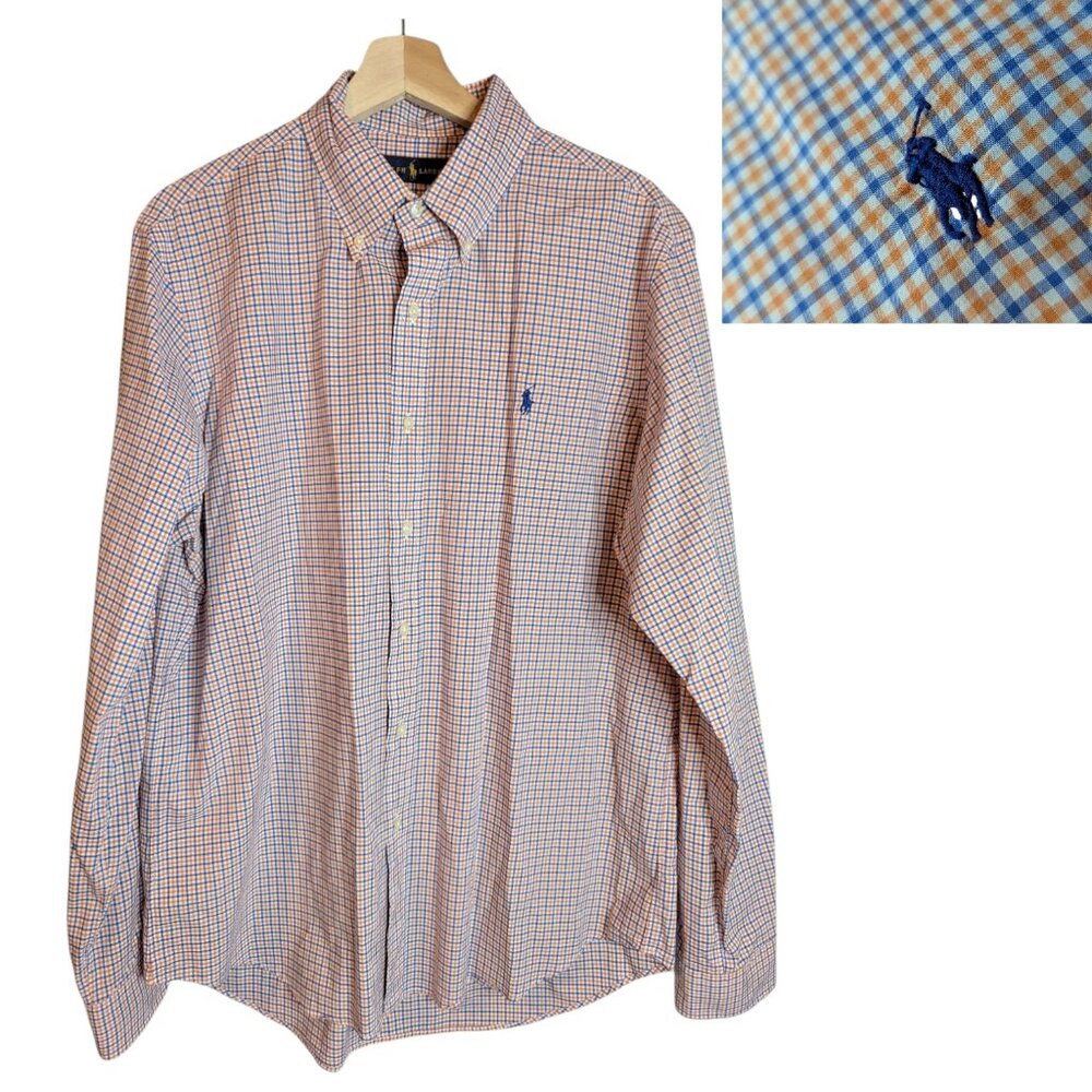 Ralph Lauren Shirt Mens Large Orange Blue Plaid Oxford Pony Preppy Long Sleeve